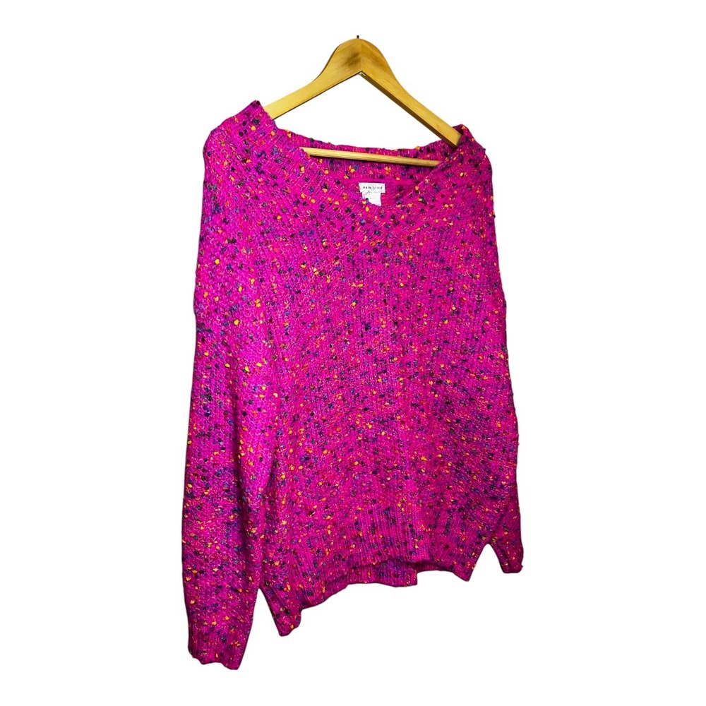 Main Strip Fuchsia Pink Confetti Speckled Chunky Knit V-Neck Sweater LT32067 - Picture 5 of 6